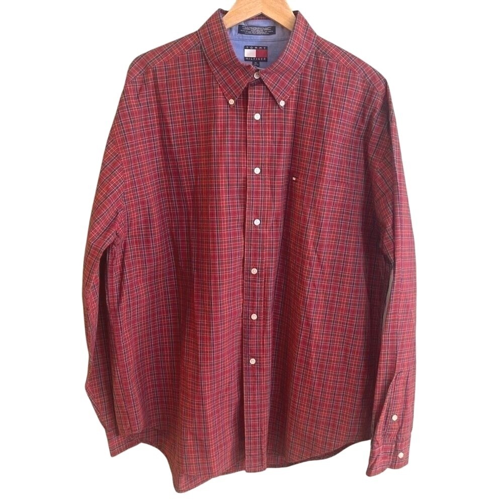 VTG‎ Tommy Hilfiger Red Tartan Long Sleeve Button Oxford Cotton Shirt USA XL